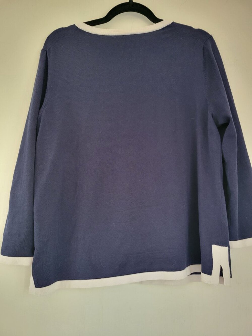 Pendleton Silk Blend Navy Cardigan Ivory Tipping 3/4 Sleeve Button Front Large - Picture 3 of 11